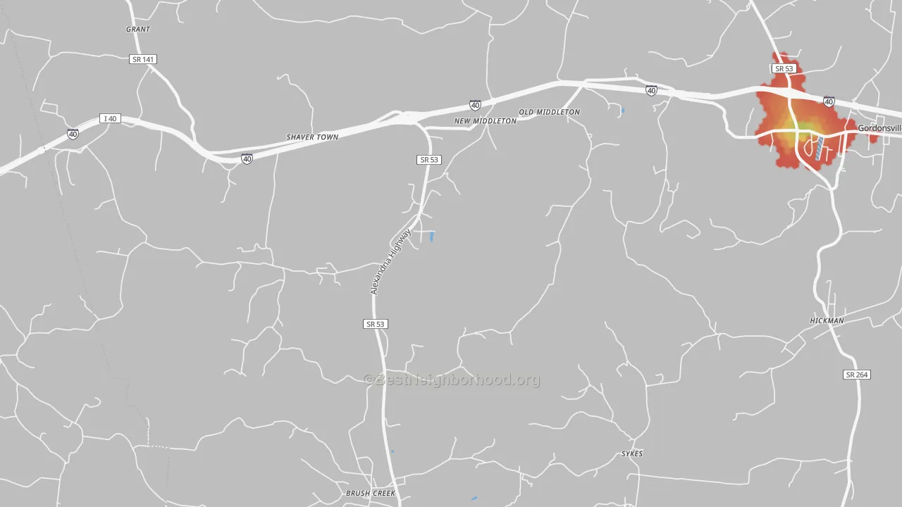 Walk Grade map of 38547, TN, walkable areas in green and car-dependent areas in red