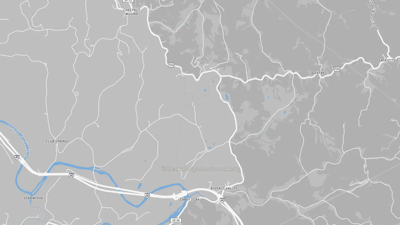 Walk Grade map of 38548, TN, walkable areas in green and car-dependent areas in red