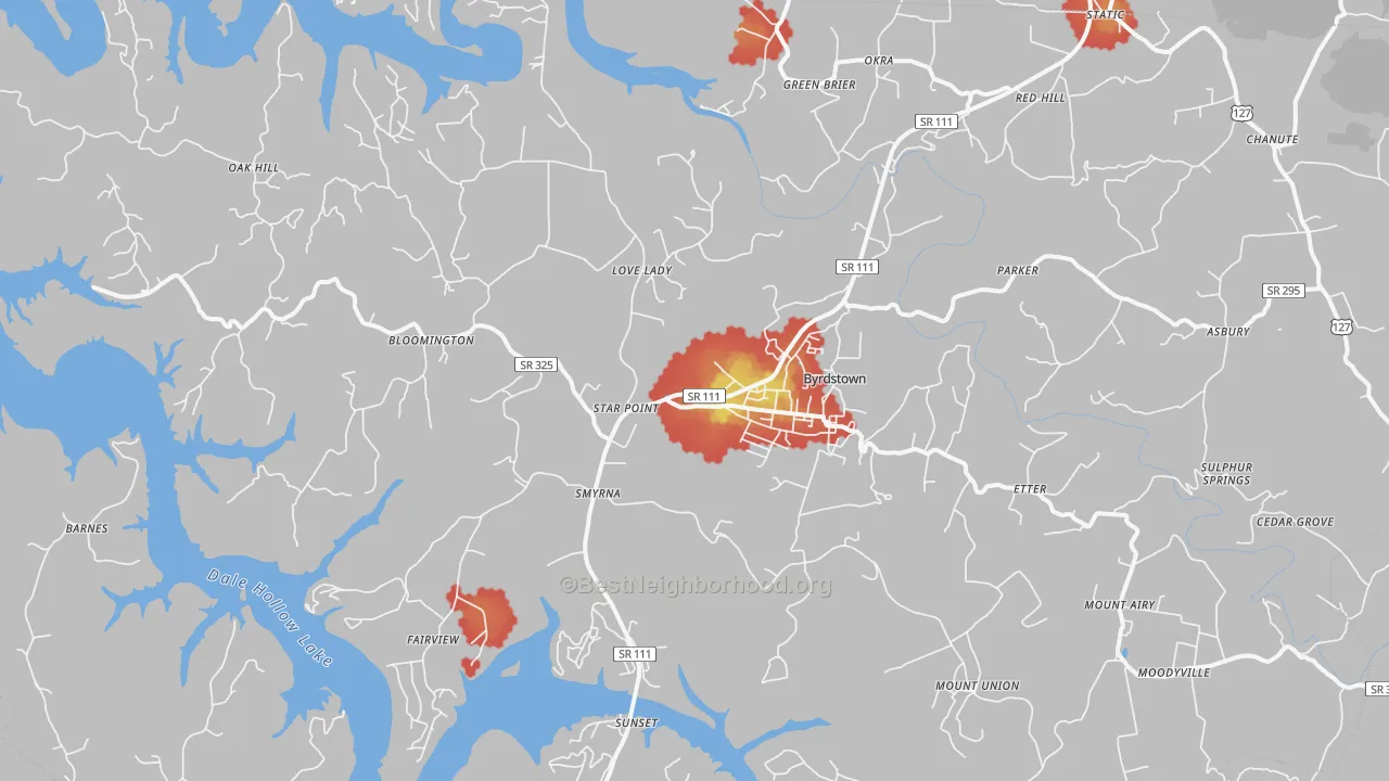 Walk Grade map of 38549, TN, walkable areas in green and car-dependent areas in red