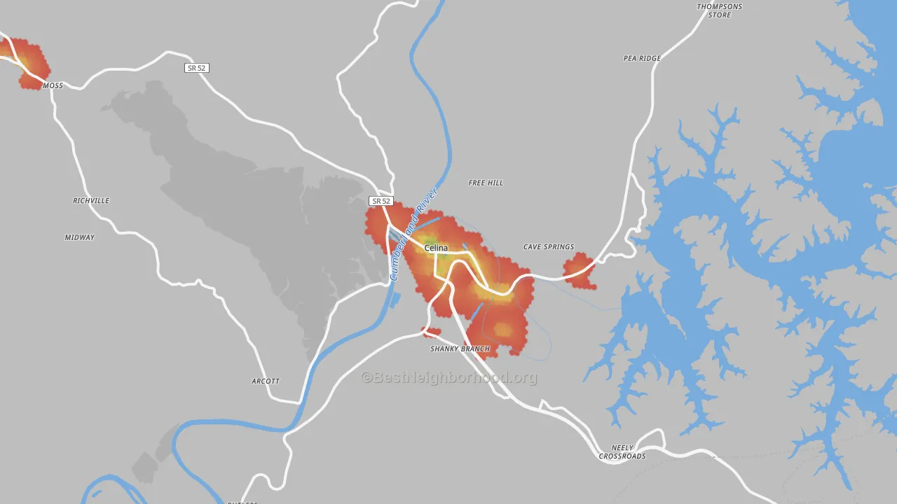 Walk Grade map of 38551, TN, walkable areas in green and car-dependent areas in red
