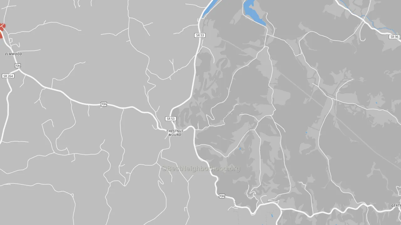 Walk Grade map of 38552, TN, walkable areas in green and car-dependent areas in red