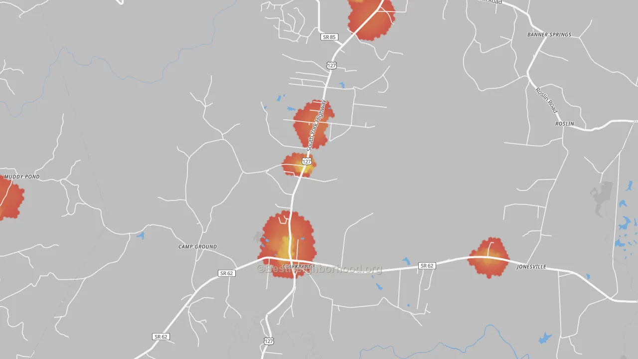 Walk Grade map of 38553, TN, walkable areas in green and car-dependent areas in red