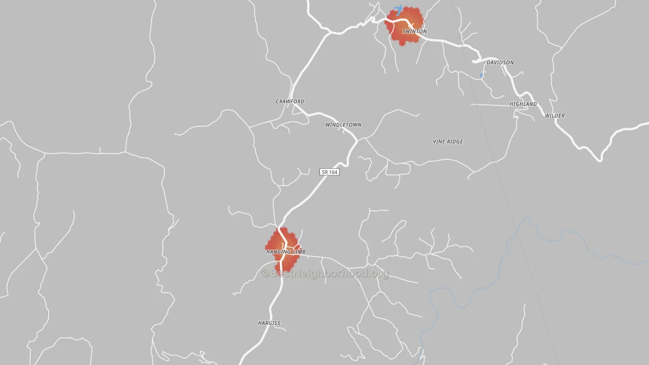 Walk Grade map of 38554, TN, walkable areas in green and car-dependent areas in red