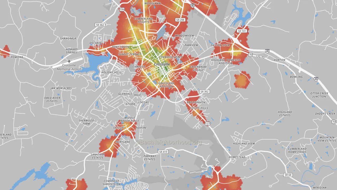 Walk Grade map of 38555, TN, walkable areas in green and car-dependent areas in red