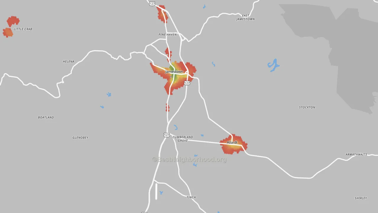 Walk Grade map of 38556, TN, walkable areas in green and car-dependent areas in red