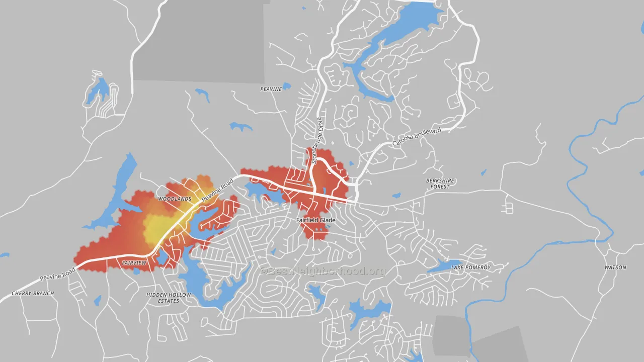 Walk Grade map of 38558, TN, walkable areas in green and car-dependent areas in red