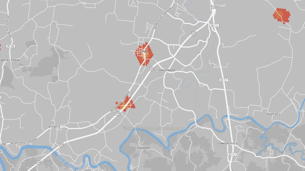 Walk Grade map of 38559, TN, walkable areas in green and car-dependent areas in red
