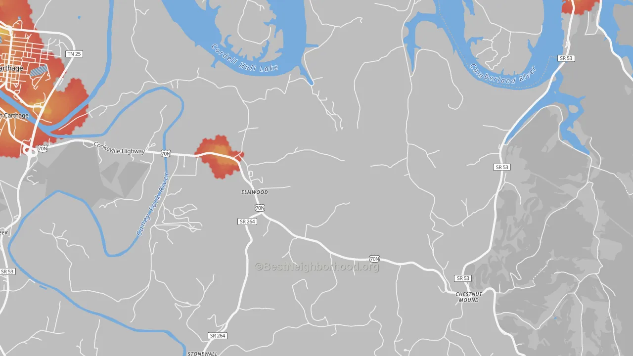 Walk Grade map of 38560, TN, walkable areas in green and car-dependent areas in red