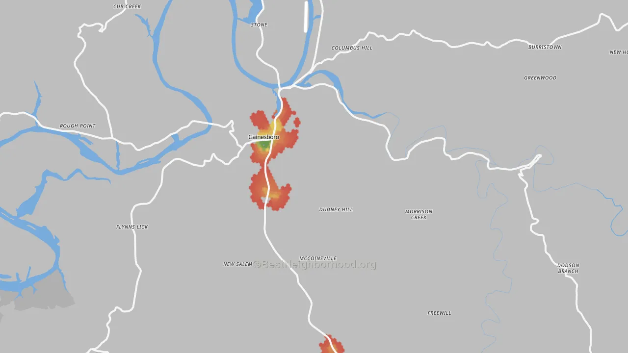 Walk Grade map of 38562, TN, walkable areas in green and car-dependent areas in red
