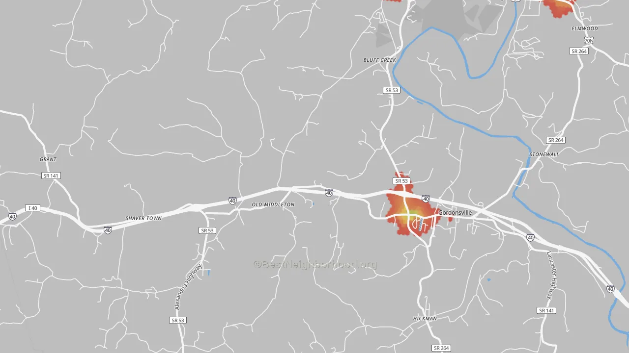 Walk Grade map of 38563, TN, walkable areas in green and car-dependent areas in red