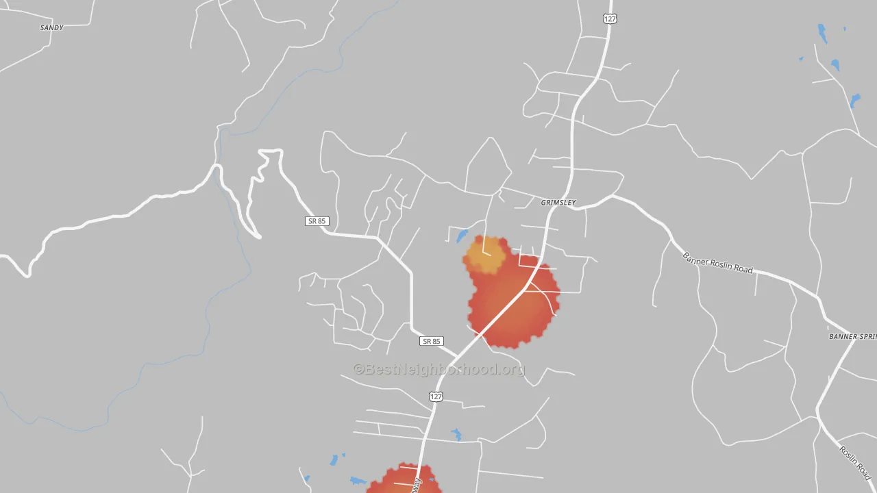 Walk Grade map of 38565, TN, walkable areas in green and car-dependent areas in red