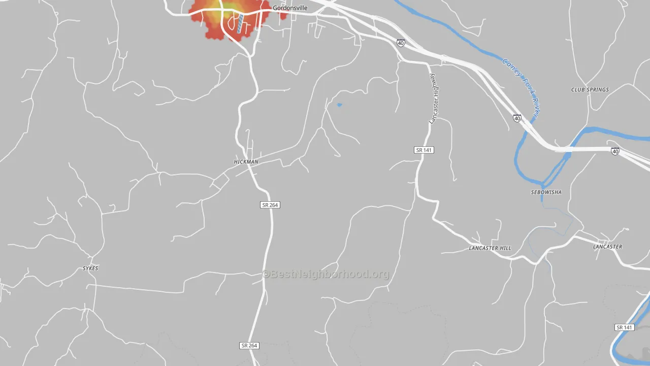 Walk Grade map of 38567, TN, walkable areas in green and car-dependent areas in red
