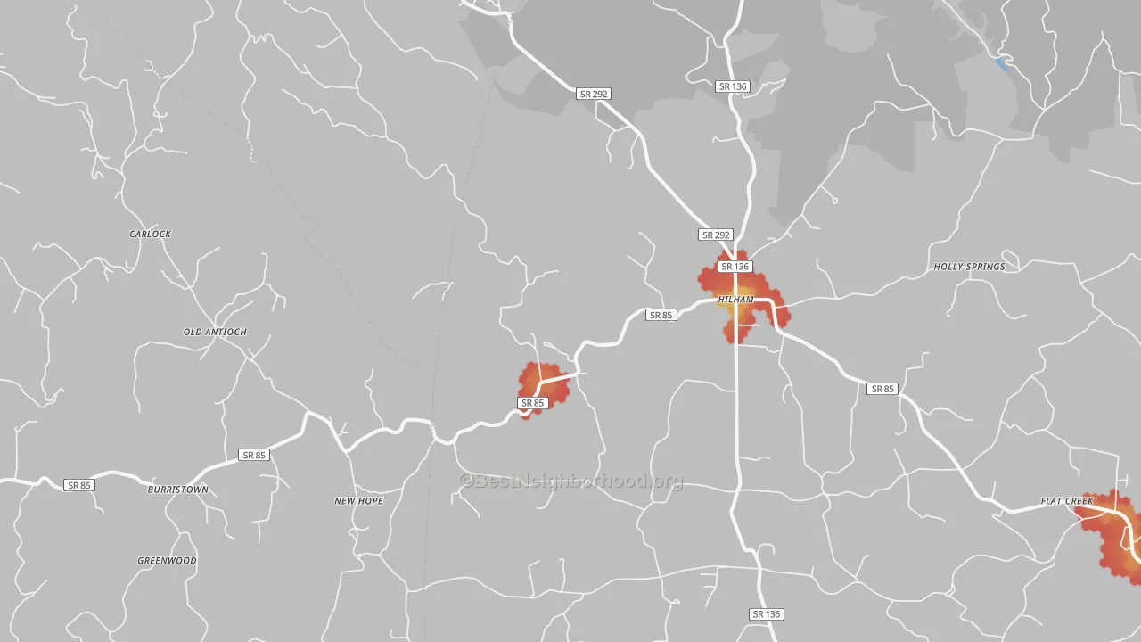 Walk Grade map of 38568, TN, walkable areas in green and car-dependent areas in red