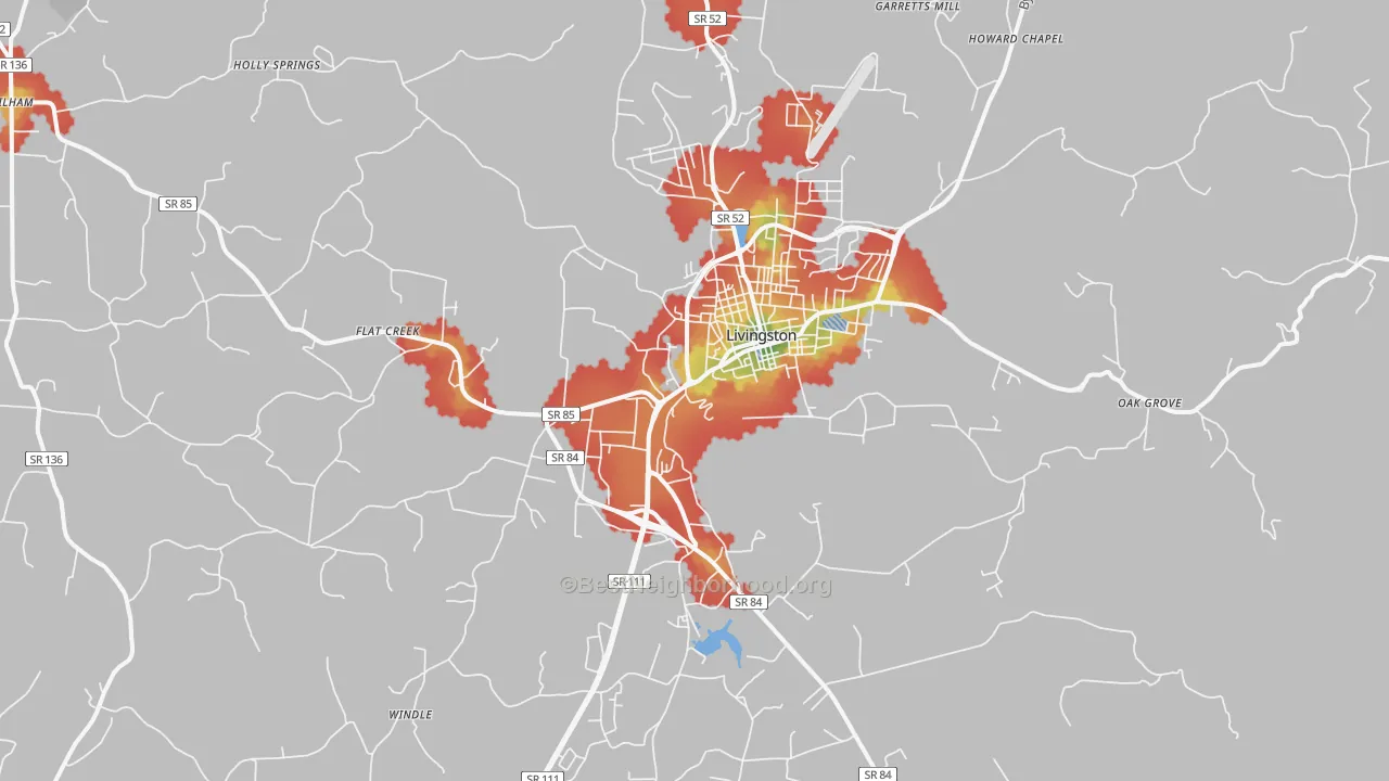 Walk Grade map of 38570, TN, walkable areas in green and car-dependent areas in red