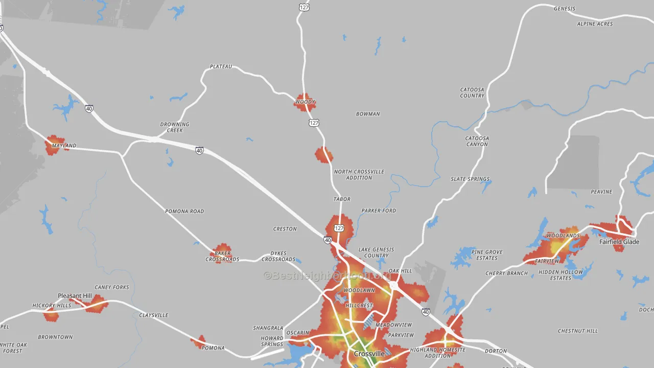 Walk Grade map of 38571, TN, walkable areas in green and car-dependent areas in red