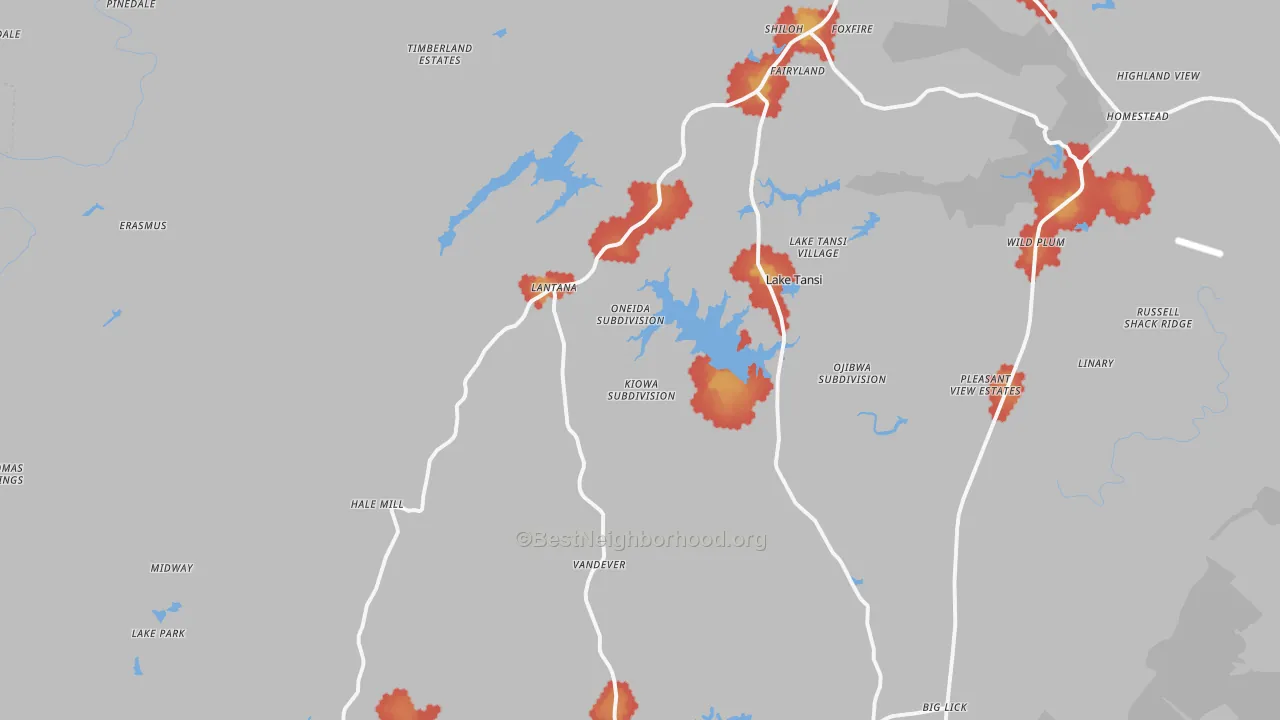 Walk Grade map of 38572, TN, walkable areas in green and car-dependent areas in red
