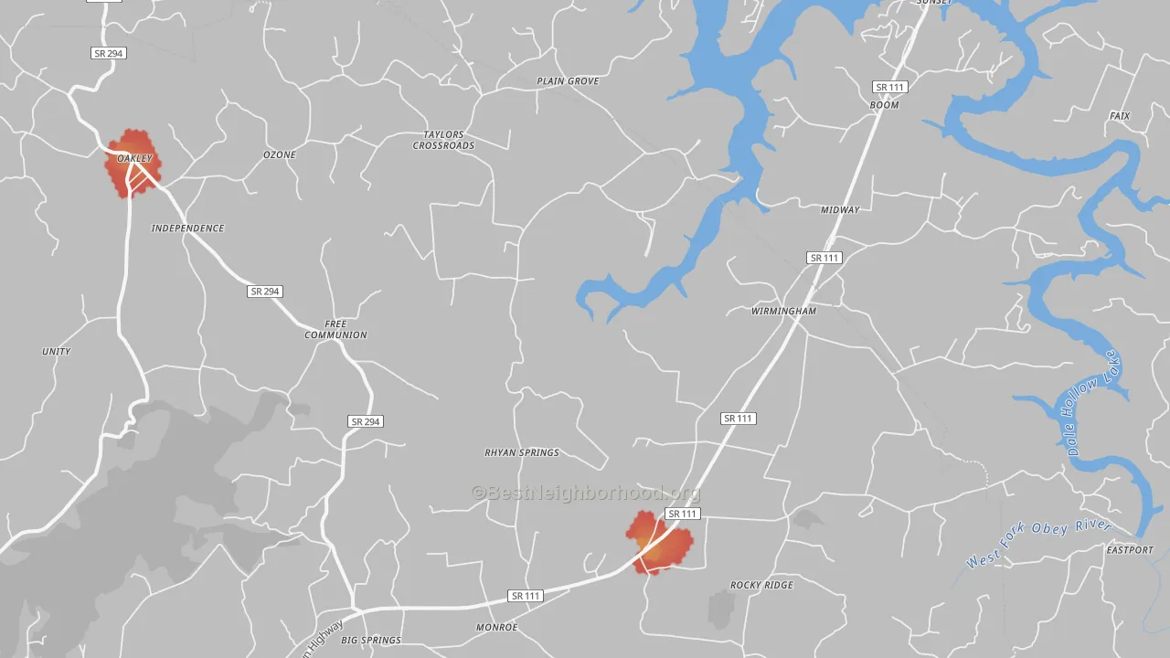 Walk Grade map of 38573, TN, walkable areas in green and car-dependent areas in red