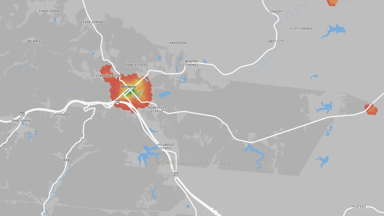 Walk Grade map of 38574, TN, walkable areas in green and car-dependent areas in red