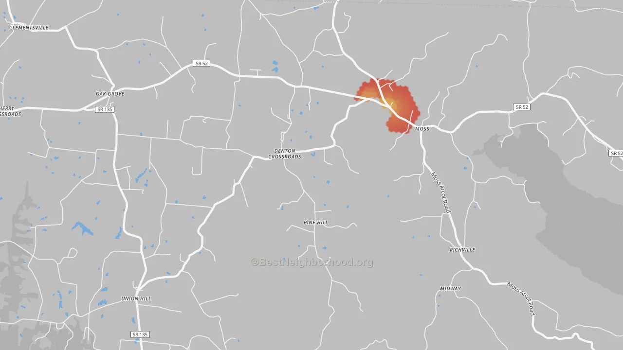 Walk Grade map of 38575, TN, walkable areas in green and car-dependent areas in red