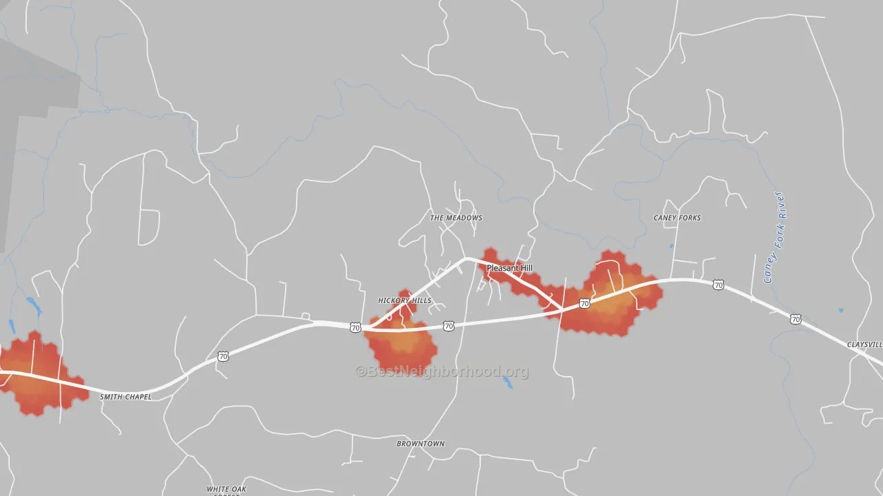 Walk Grade map of 38578, TN, walkable areas in green and car-dependent areas in red