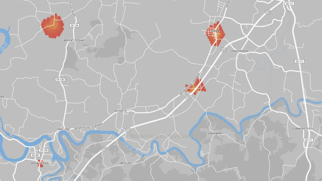 Walk Grade map of 38579, TN, walkable areas in green and car-dependent areas in red