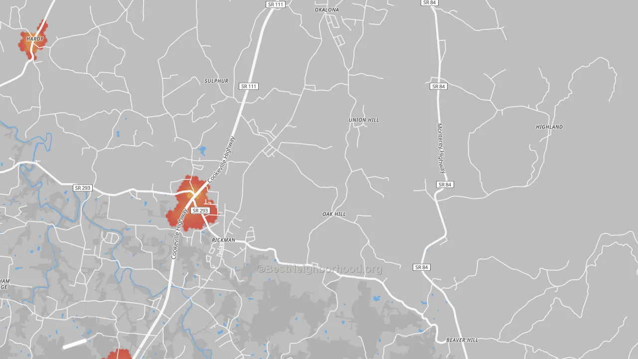 Walk Grade map of 38580, TN, walkable areas in green and car-dependent areas in red