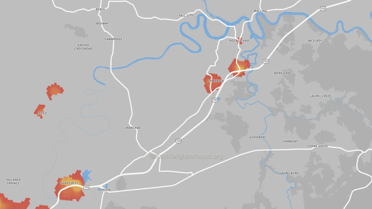Walk Grade map of 38581, TN, walkable areas in green and car-dependent areas in red