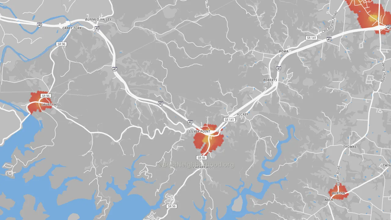 Walk Grade map of 38582, TN, walkable areas in green and car-dependent areas in red