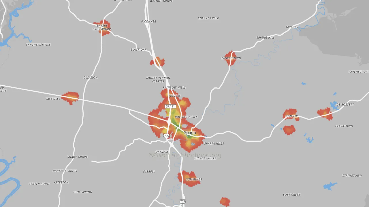 Walk Grade map of 38583, TN, walkable areas in green and car-dependent areas in red
