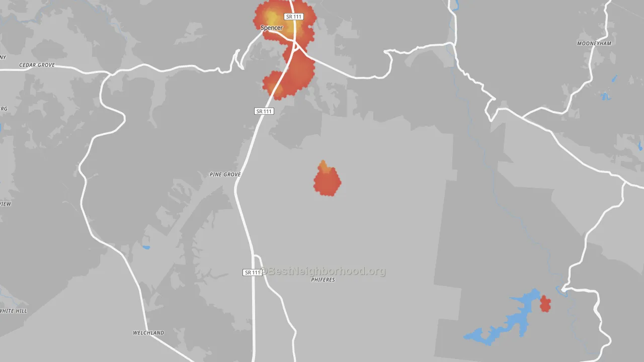 Walk Grade map of 38585, TN, walkable areas in green and car-dependent areas in red