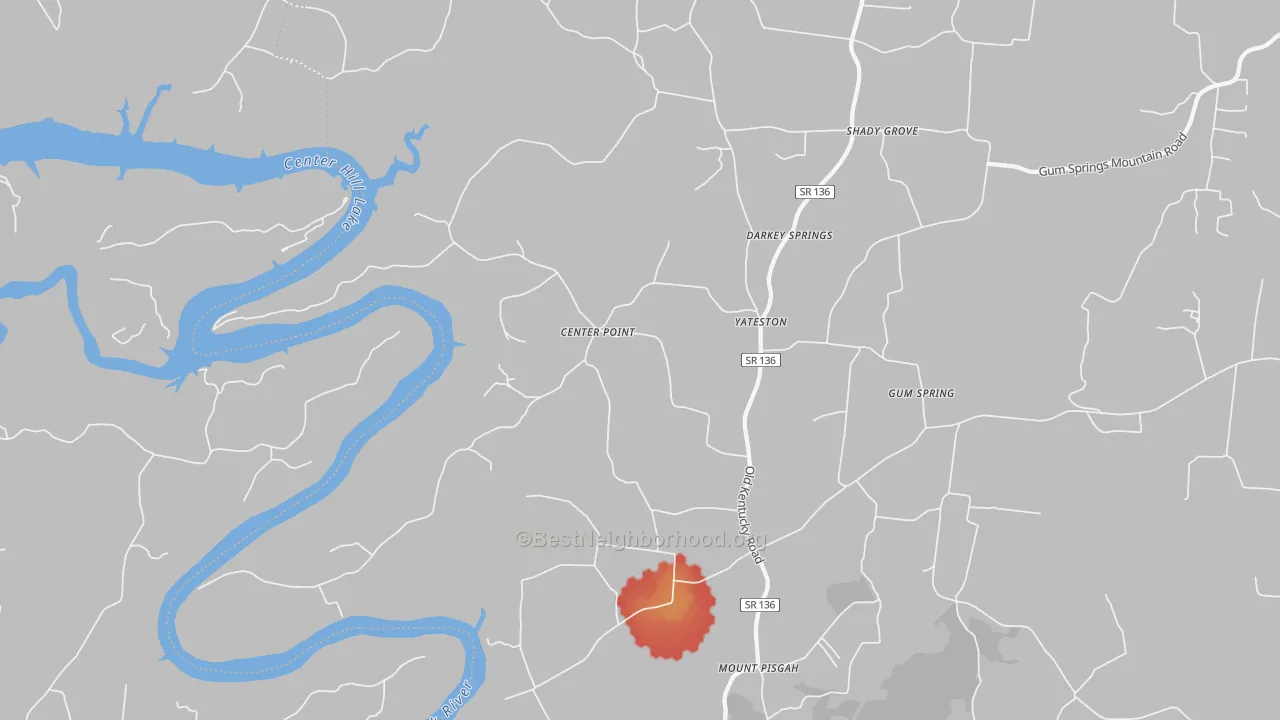 Walk Grade map of 38587, TN, walkable areas in green and car-dependent areas in red
