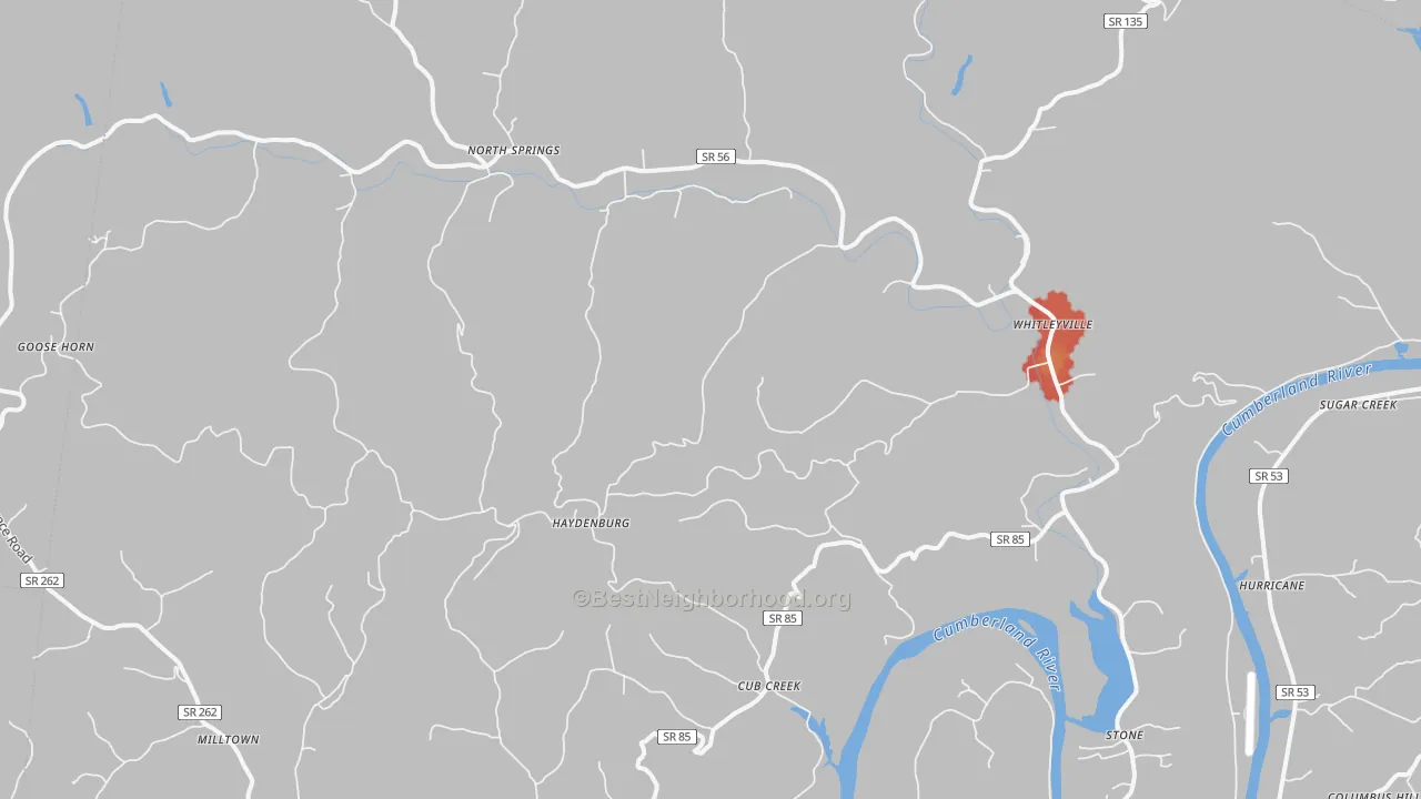 Walk Grade map of 38588, TN, walkable areas in green and car-dependent areas in red