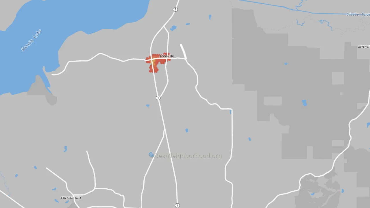 Walk Grade map of 38601, MS, walkable areas in green and car-dependent areas in red