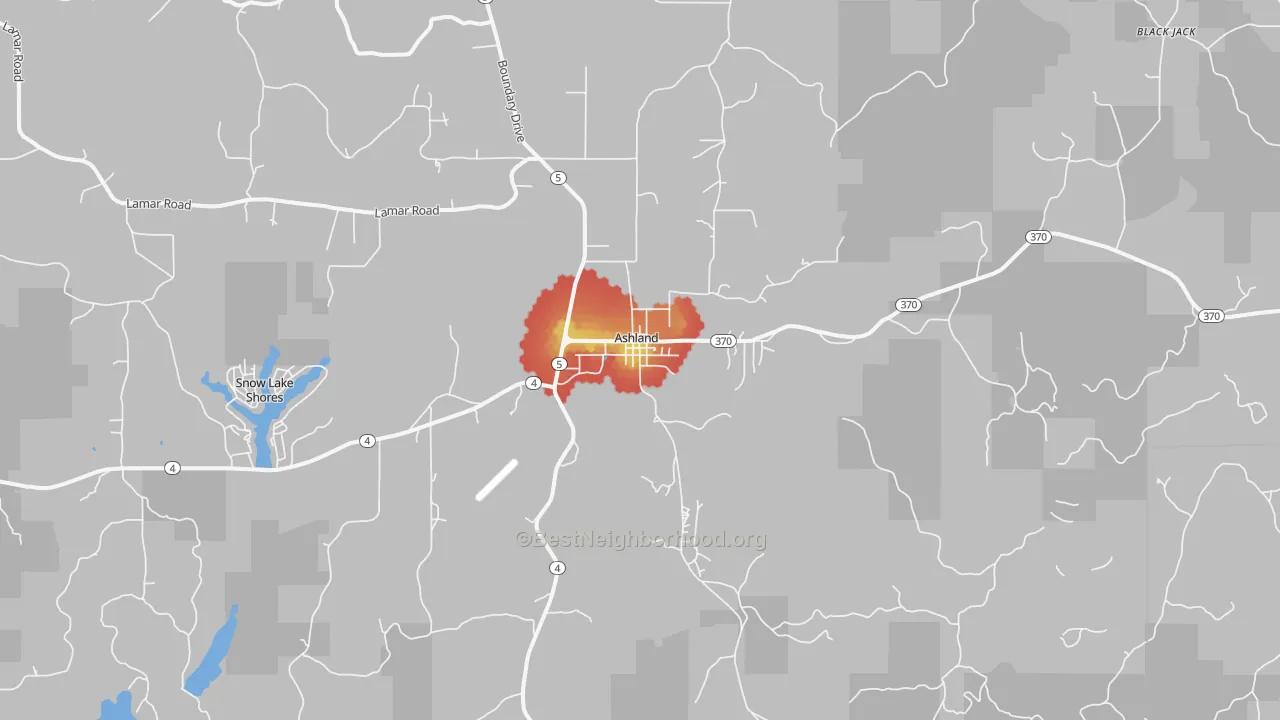 Walk Grade map of 38603, MS, walkable areas in green and car-dependent areas in red