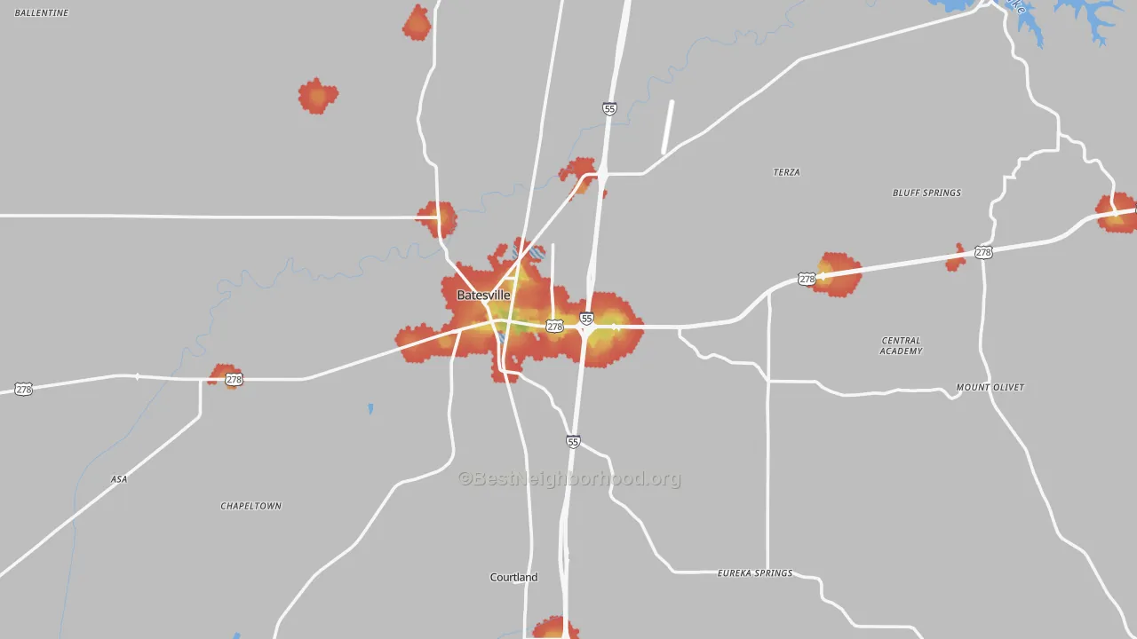 Walk Grade map of 38606, MS, walkable areas in green and car-dependent areas in red