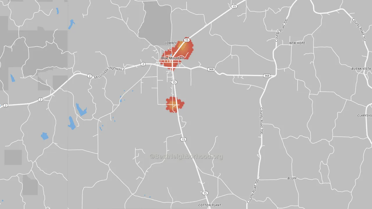 Walk Grade map of 38610, MS, walkable areas in green and car-dependent areas in red