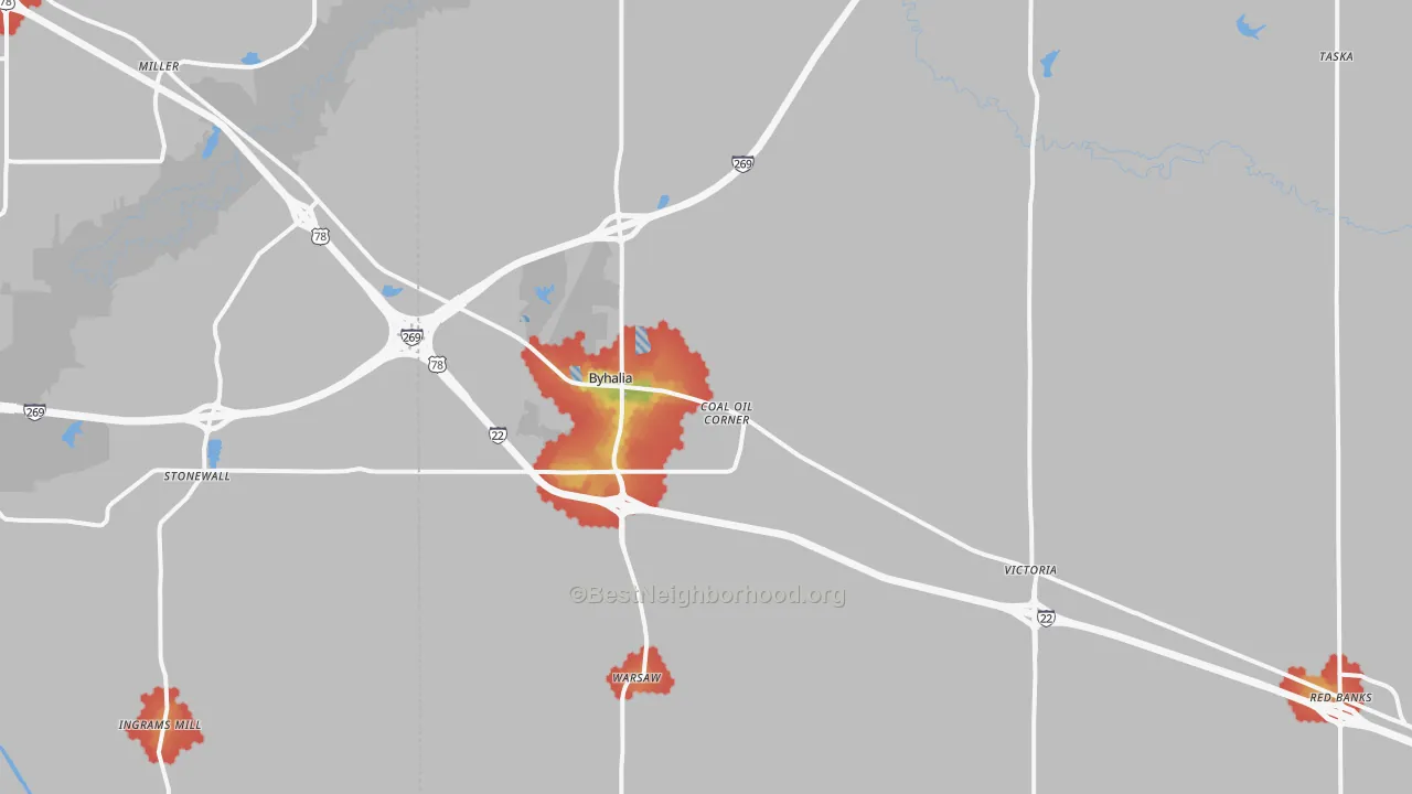 Walk Grade map of 38611, MS, walkable areas in green and car-dependent areas in red