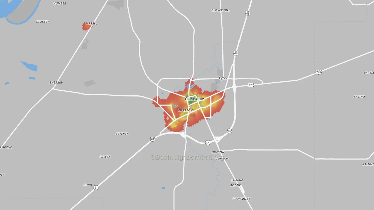 Walk Grade map of 38614, MS, walkable areas in green and car-dependent areas in red