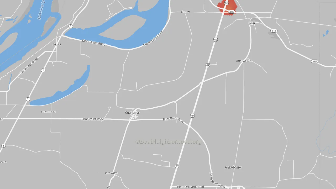 Walk Grade map of 38617, MS, walkable areas in green and car-dependent areas in red
