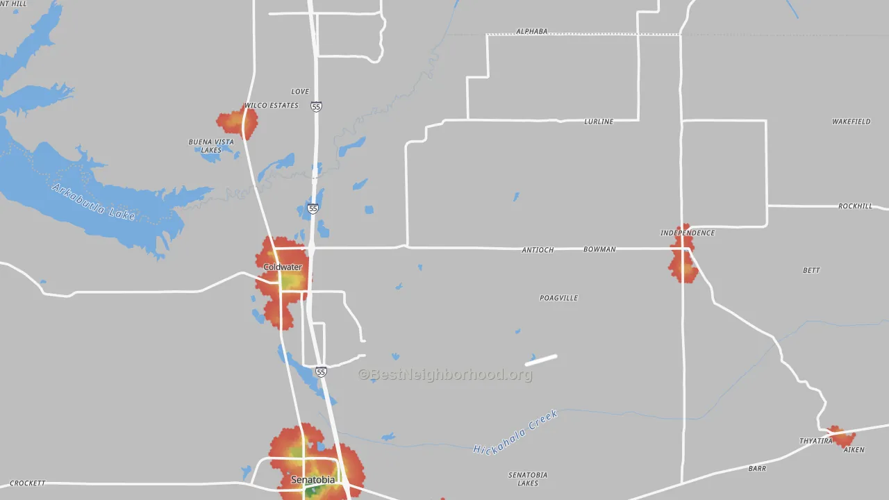 Walk Grade map of 38618, MS, walkable areas in green and car-dependent areas in red