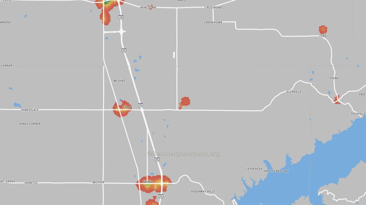 Walk Grade map of 38619, MS, walkable areas in green and car-dependent areas in red