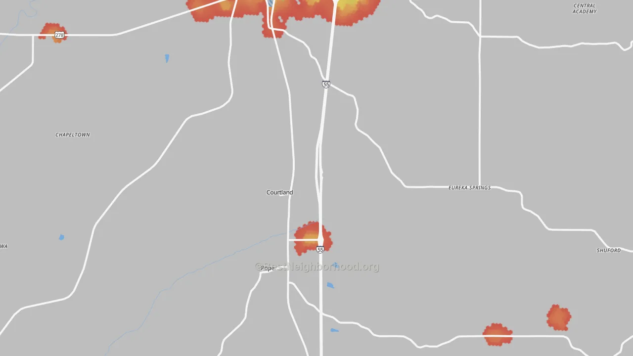 Walk Grade map of 38620, MS, walkable areas in green and car-dependent areas in red