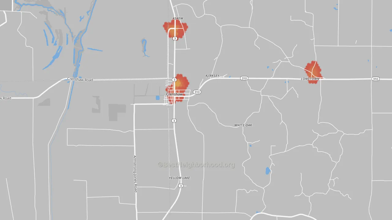 Walk Grade map of 38621, MS, walkable areas in green and car-dependent areas in red