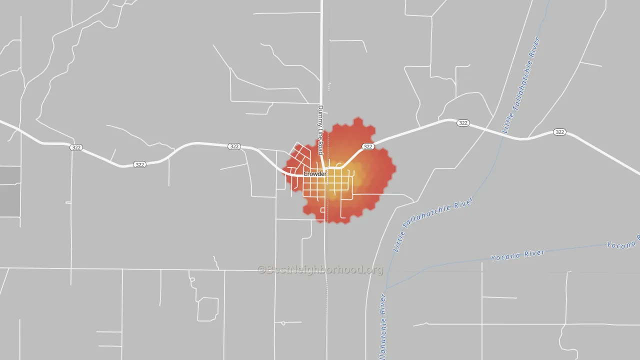 Walk Grade map of 38622, MS, walkable areas in green and car-dependent areas in red