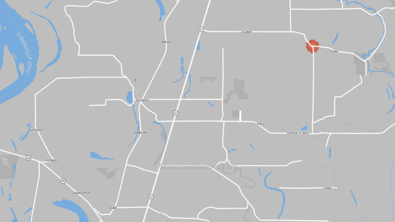 Walk Grade map of 38626, MS, walkable areas in green and car-dependent areas in red