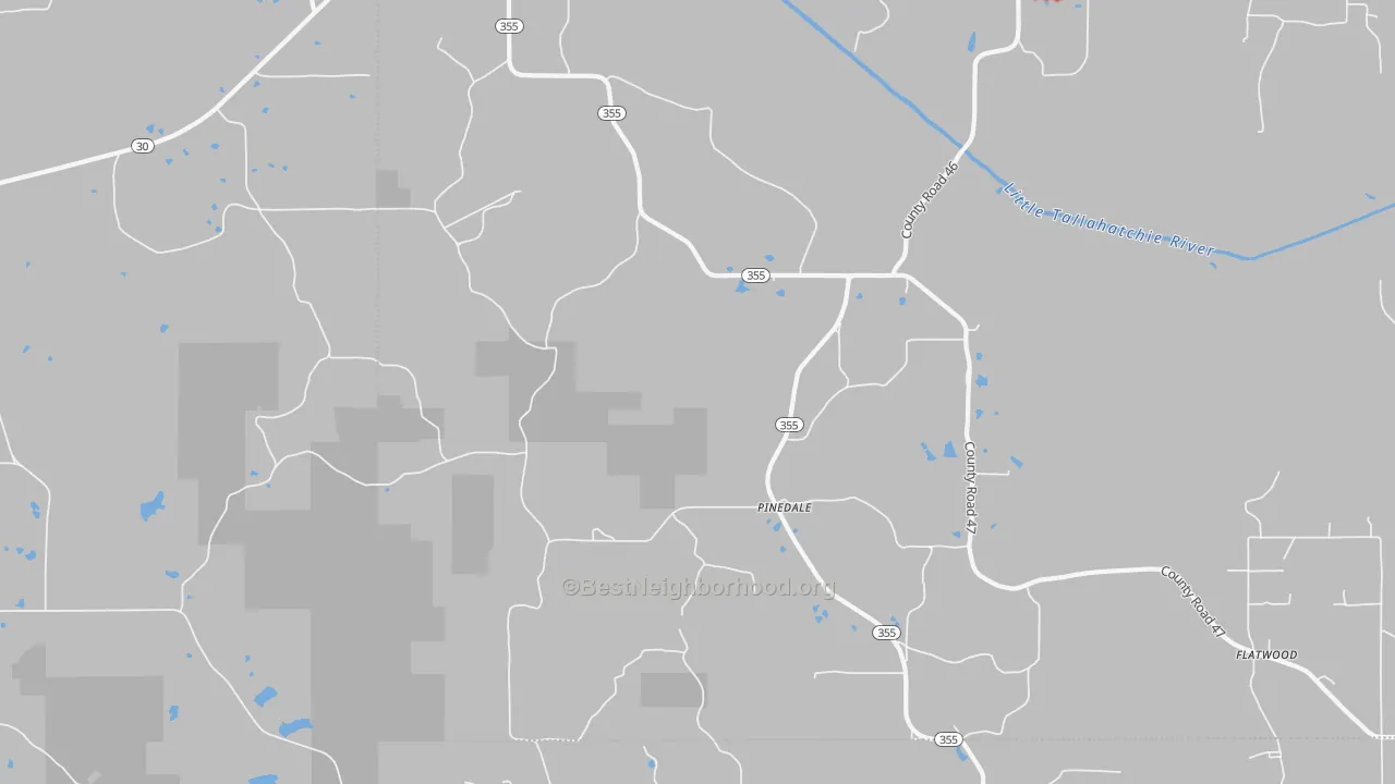 Walk Grade map of 38627, MS, walkable areas in green and car-dependent areas in red
