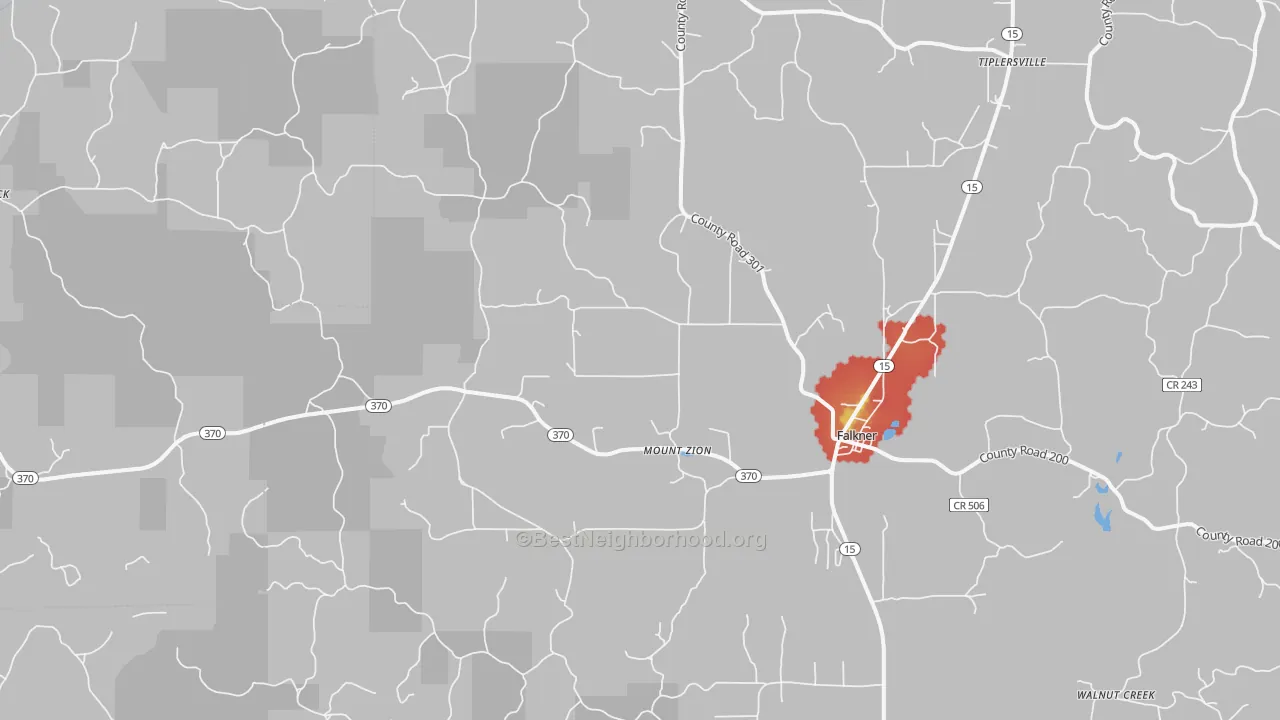 Walk Grade map of 38629, MS, walkable areas in green and car-dependent areas in red