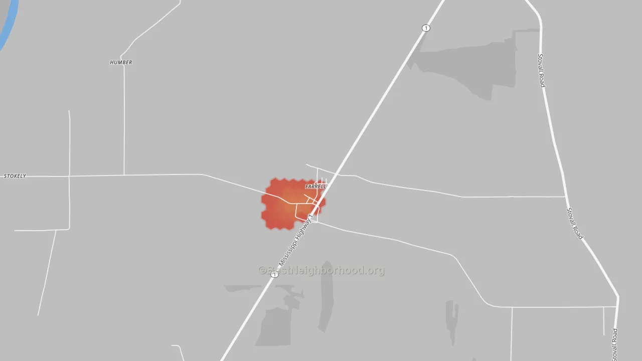 Walk Grade map of 38630, MS, walkable areas in green and car-dependent areas in red
