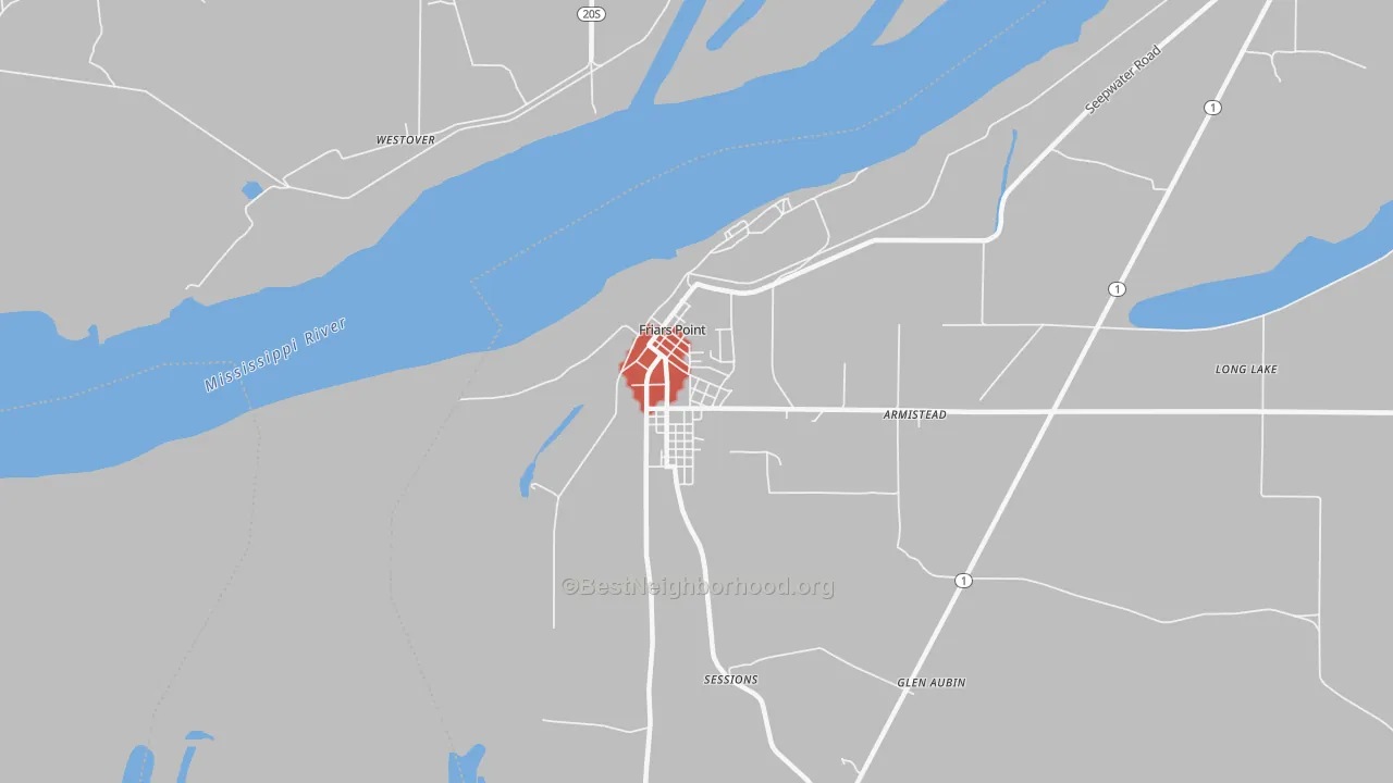 Walk Grade map of 38631, MS, walkable areas in green and car-dependent areas in red