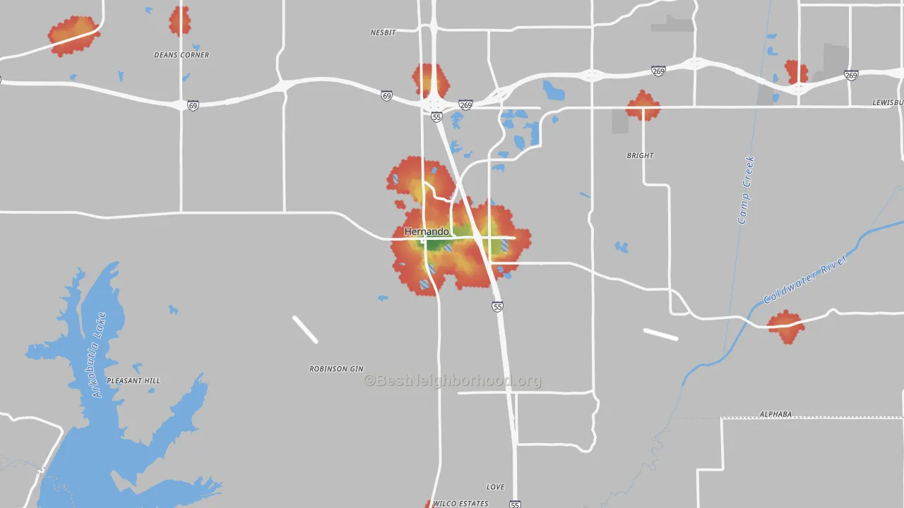 Walk Grade map of 38632, MS, walkable areas in green and car-dependent areas in red